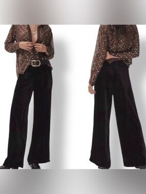 Anthropologie Velvet Wide Leg Pants Womens Large Elastic Waist Black Holiday NEW